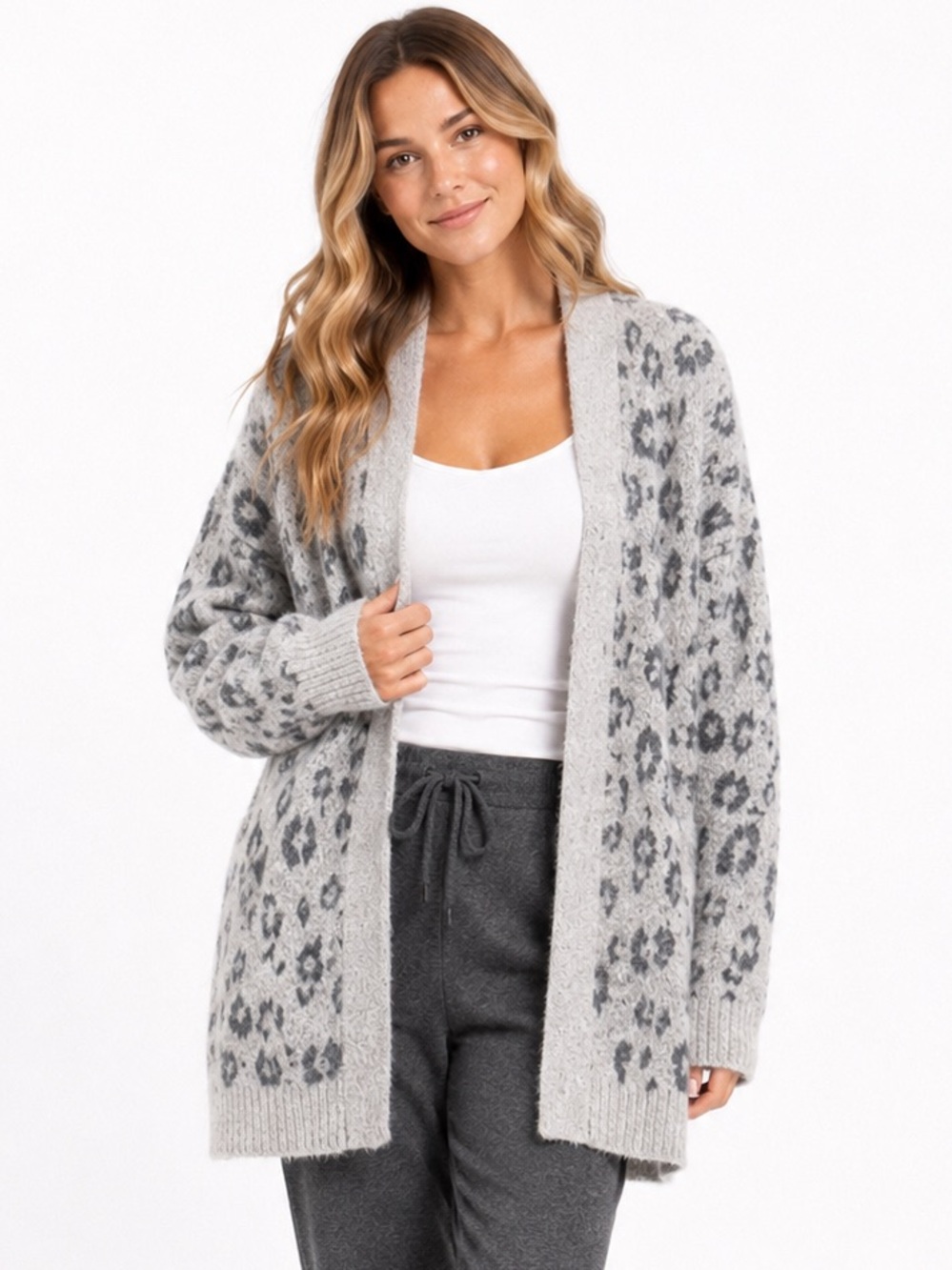 Easel Gray Leopard Cheetah Animal Print Oversized Open Front Cardigan M